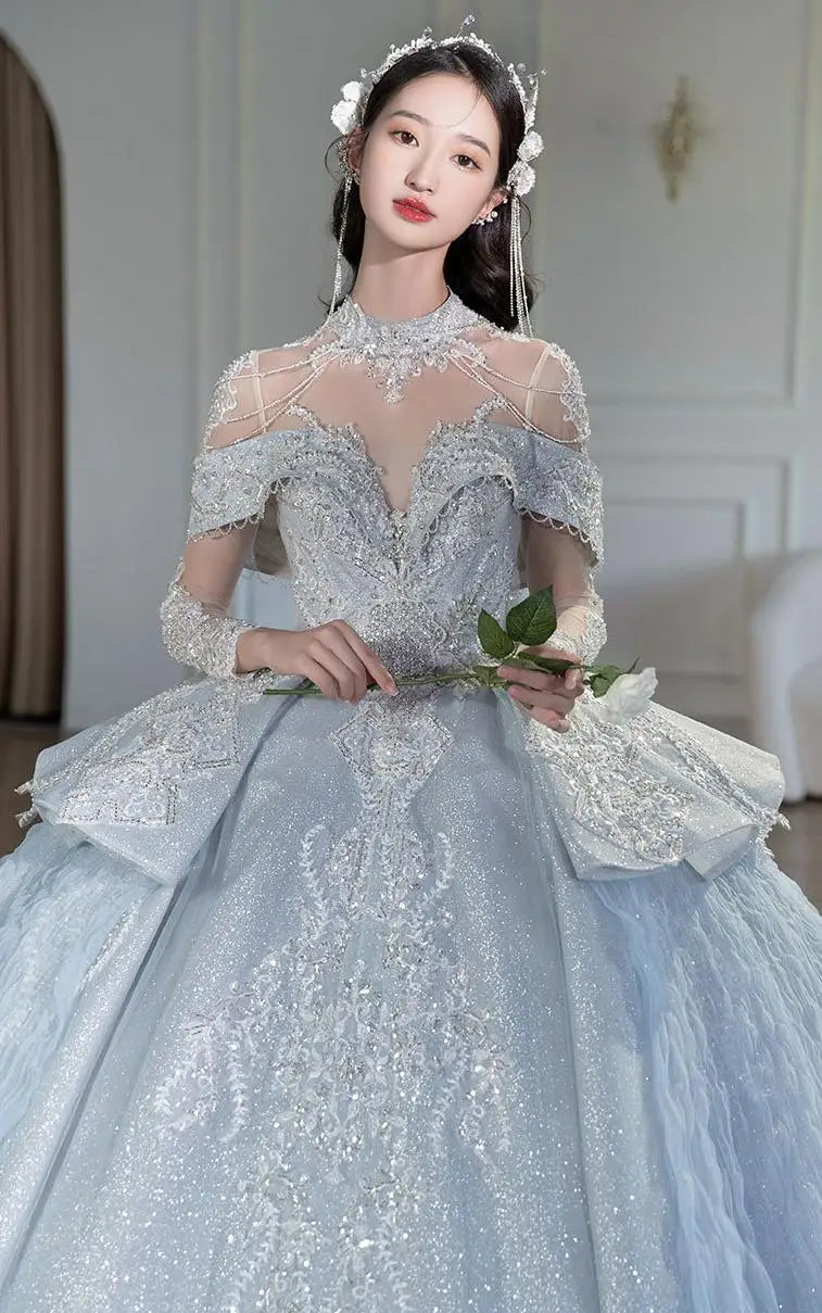 Off The Shoulder Shiny Embroidered Lace V Neck Vintage Bridal Ball Gown Dress