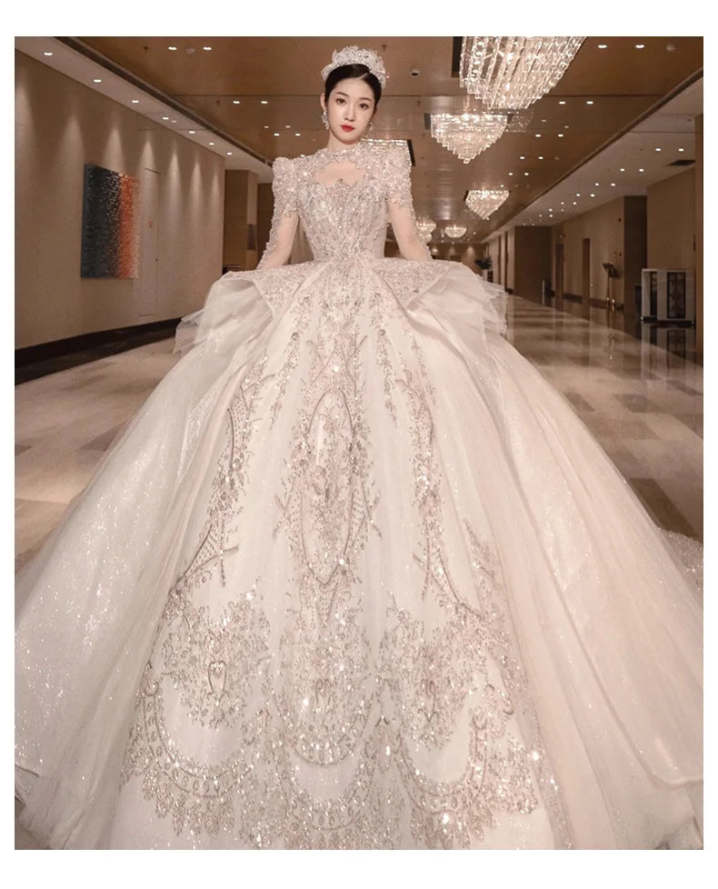 High Neck Long Sleeve Bead Bridal Gown Cathedral Train