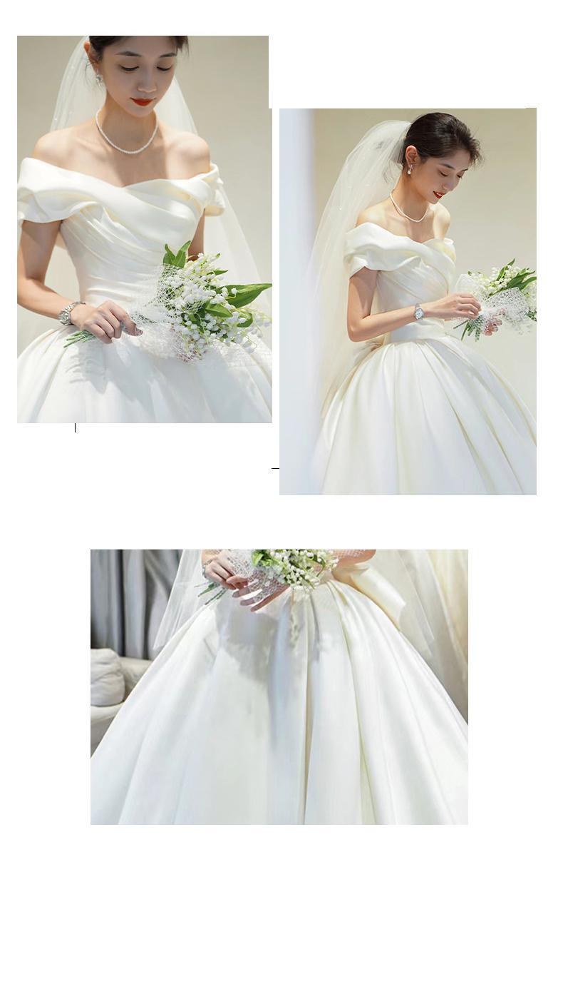 Spring Off The Shoulder Wedding Dress Simple Satin Sweep Train Bridal Gown