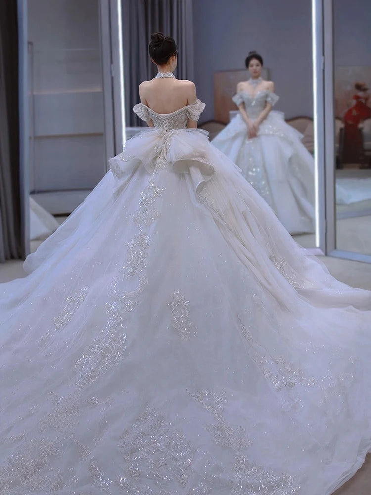 Off The Shoulder Handmade Appliques With Beading Princess Ball Gowns