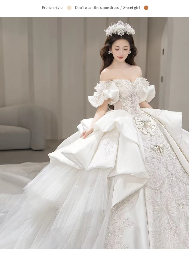 Off Shoulder Satin Gown Lace Embroidery