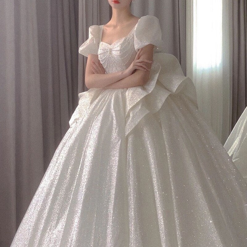 Sweetheart Beading Pearls Puff Sleeve Big Butterfly Back Lace Up Wedding Gowns