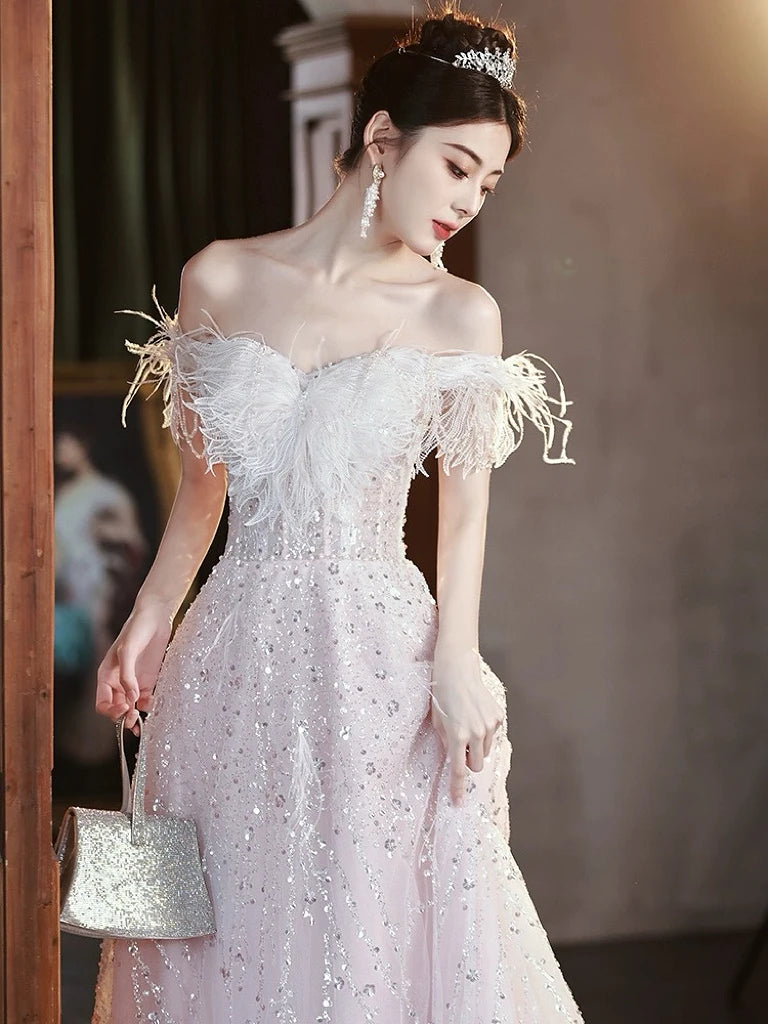 Pink Evening Dresses Off the Shoulder Lace-up Sequins Floor-Length A-line Sleeveless