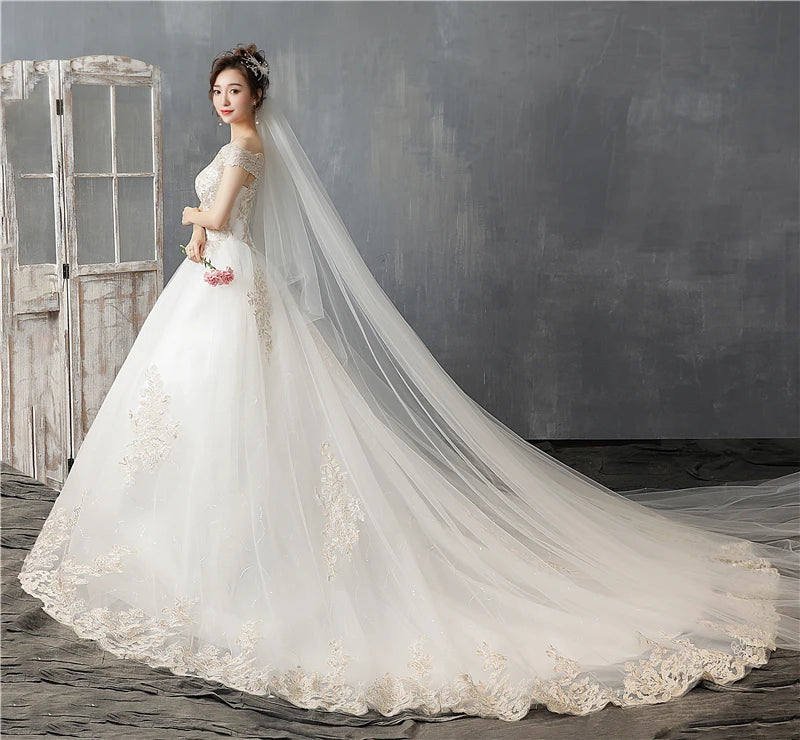 Simple Wedding Dress Off Shoulder Short Sleeve Floor or Train Wedding Gown Lace Applique Plus Size