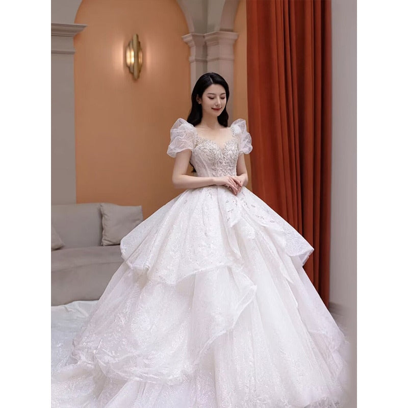 Embroidery Beaded Bubble Sleeveless Princess Wedding Gown