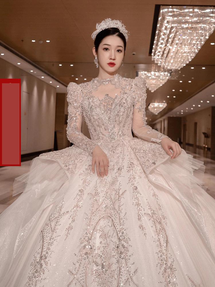 Luxury Long Sleeve Beading High Waist Wedding Gowns