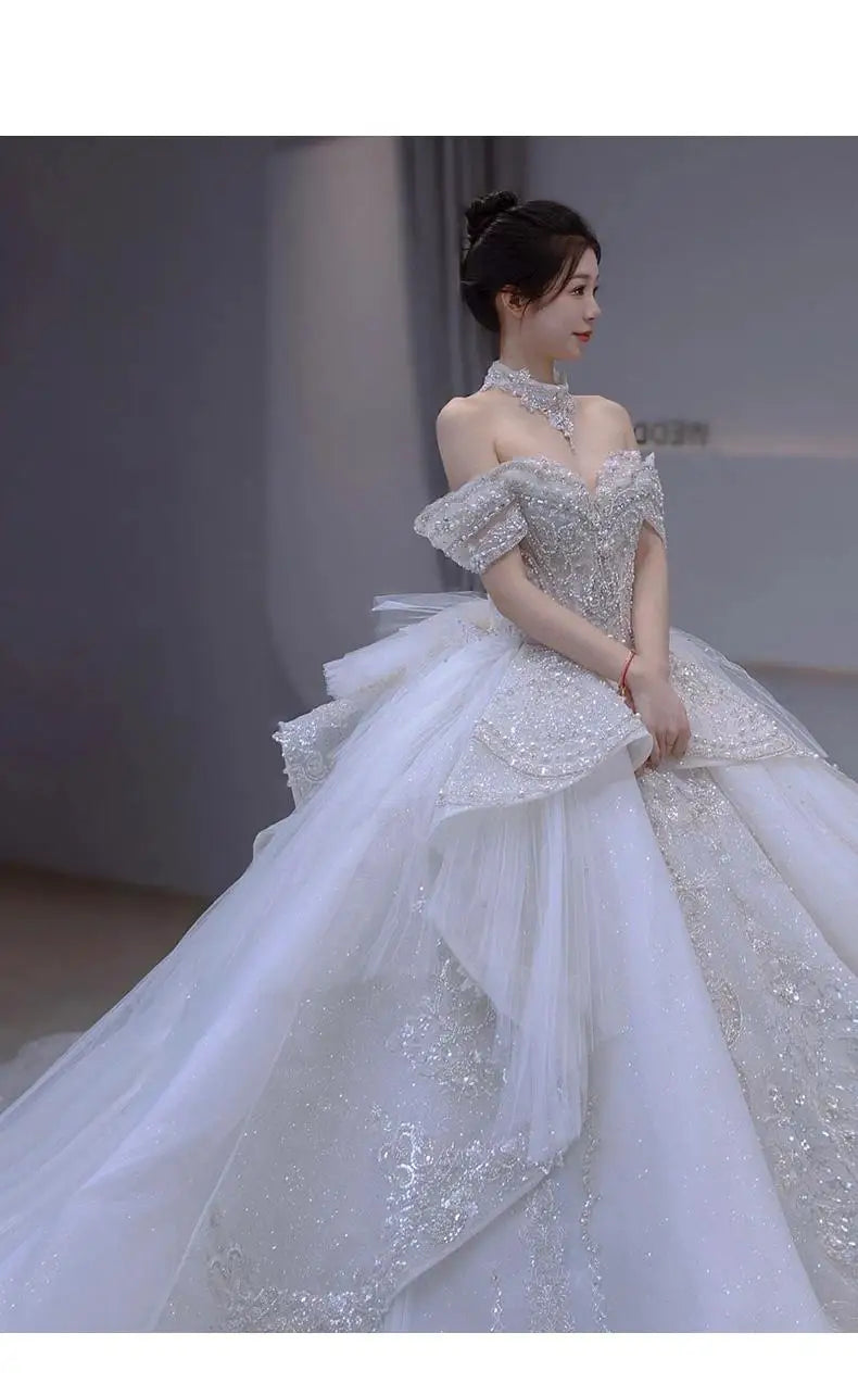 Off The Shoulder Handmade Appliques With Beading Princess Ball Gowns