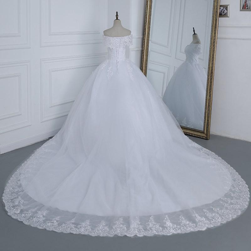Off The Shoulder Plus Size Lace Wedding Dress Long Train Appliqes Pearls Bridal Tulle