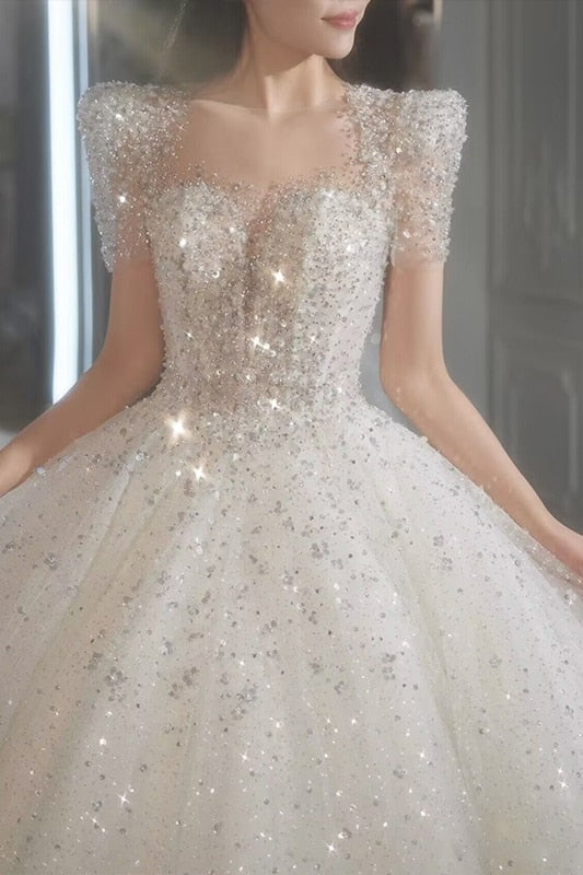 Bridal Dress Sequin Embellishment O Neck Floor-length Back Strap Sweep Train