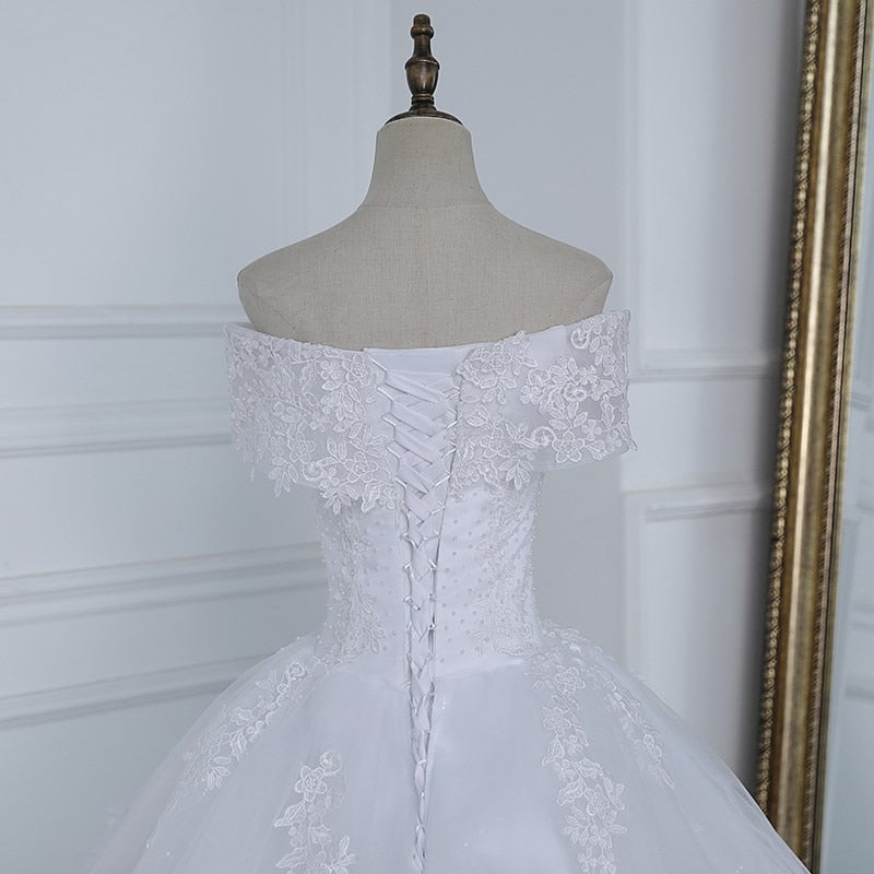 Off Shoulder Appliqes Pearls Long Train Bridal Gowns