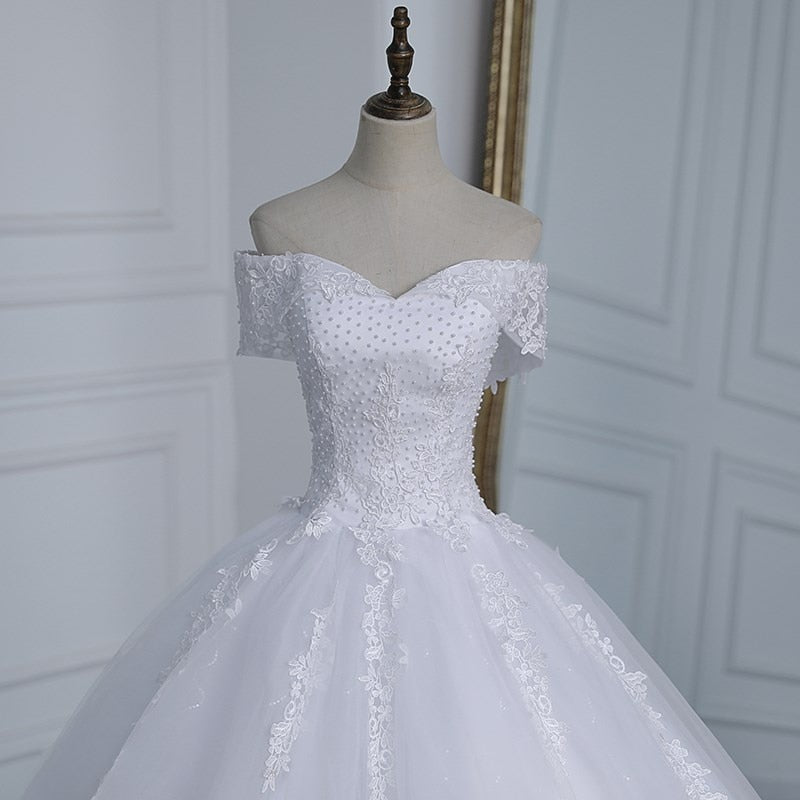 Off Shoulder Appliqes Pearls Long Train Bridal Gowns