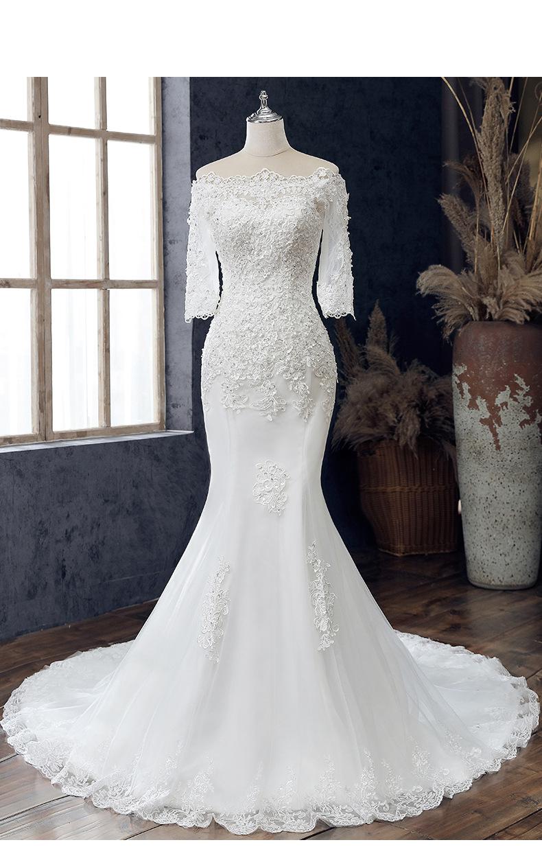 Boat Neck Mermaid Wedding Dress Lace Up Applique Bridal Dress