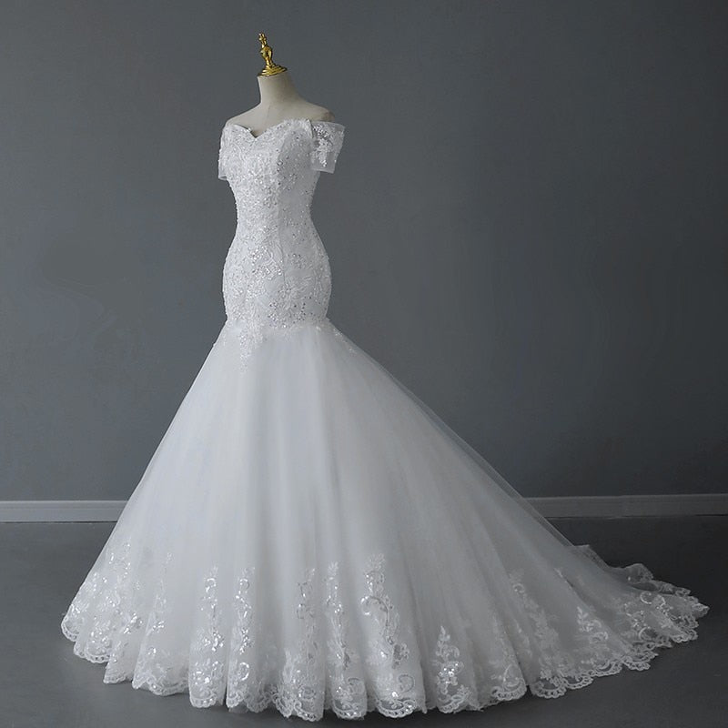 Vintage Off The Shoulder Mermaid Wedding Dress Shining Sequins Lace
