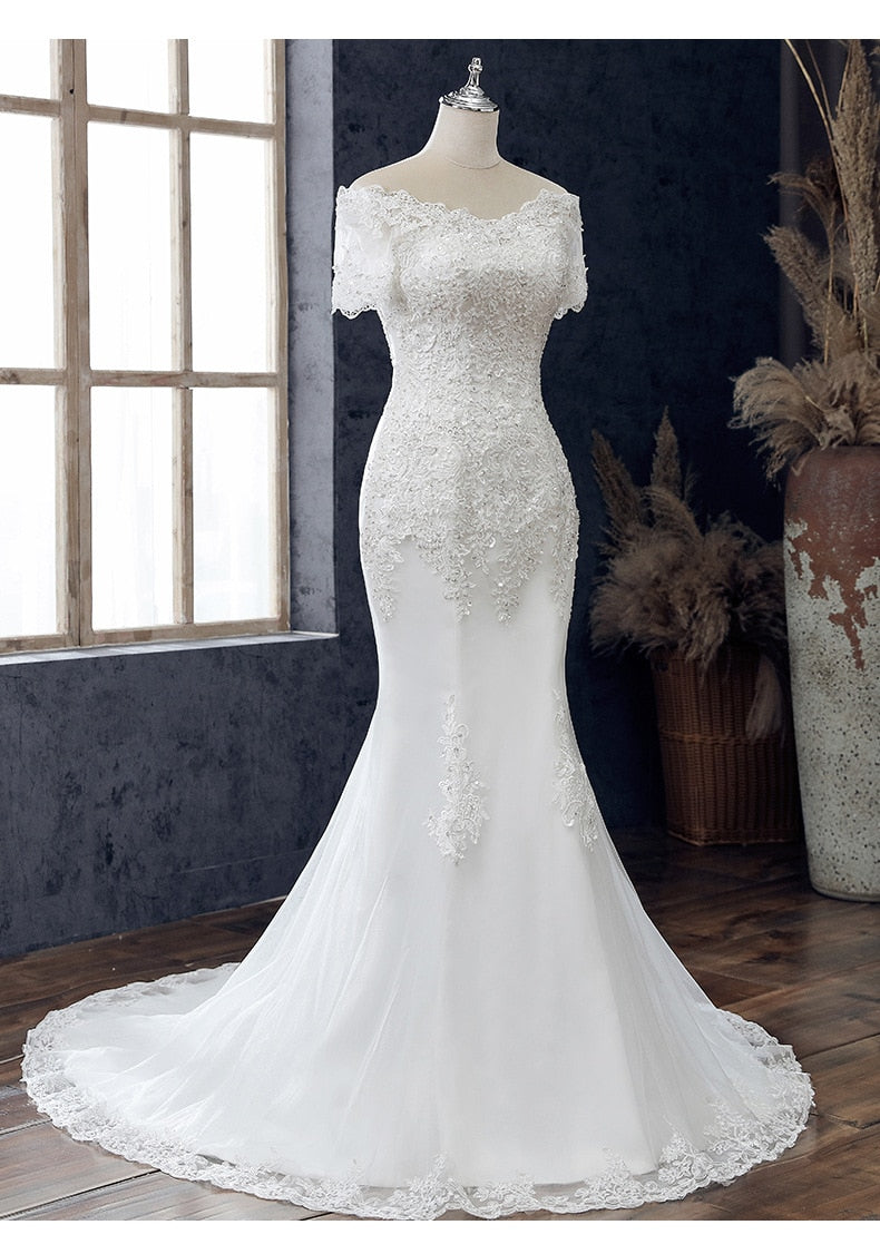 Lace Applique Wedding Dress Boat Neck Lace Up Short Sleeve Mermaid Bridal Dress