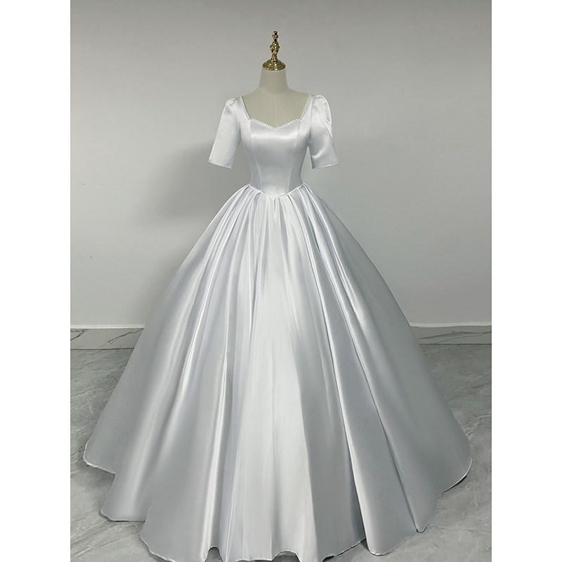 Luxury Satin Wedding Dress Pure White With Train Simple Bridal Ball Gown Custom Made