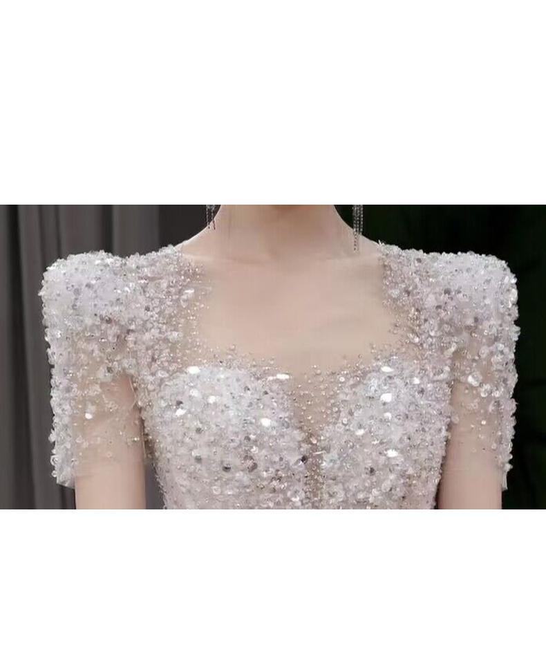 Bridal Dress Sequin Embellishment O Neck Floor-length Back Strap Sweep Train