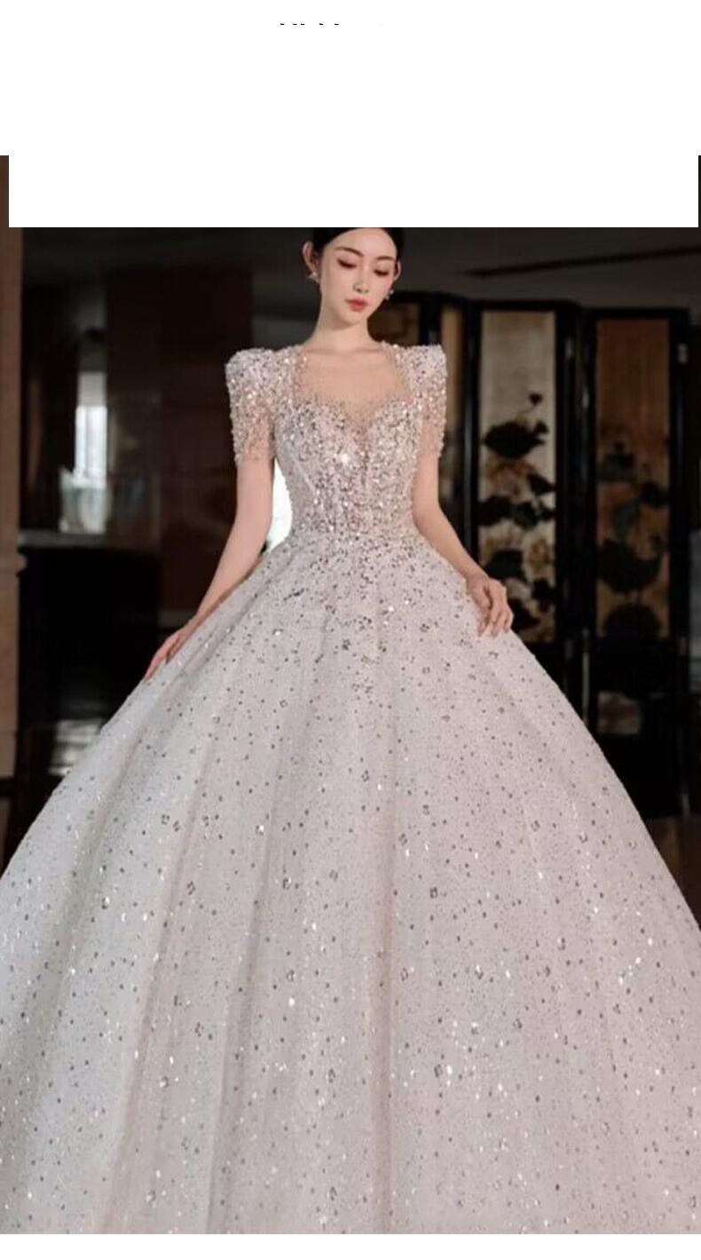 Bridal Dress Sequin Embellishment O Neck Floor-length Back Strap Sweep Train