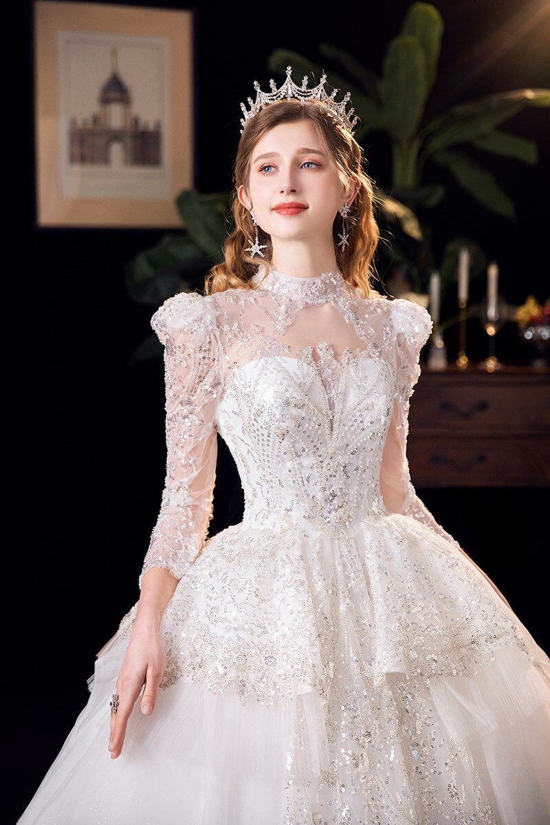 Luxury Long Sleeve Beading High Waist Wedding Gowns