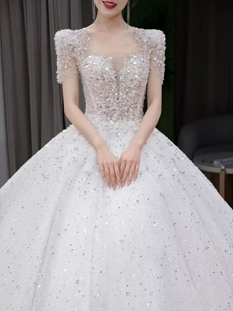 Bridal Dress Sequin Embellishment O Neck Floor-length Back Strap Sweep Train