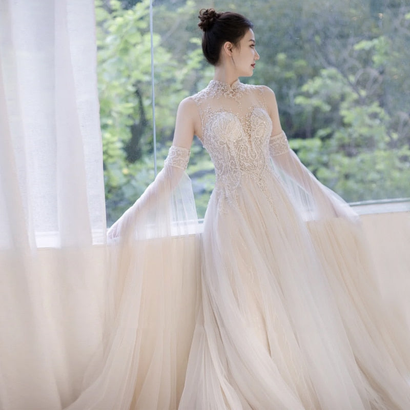 Wedding Dress French Style With Detachable Cap Luxury Embroidery Zipper With Buttones