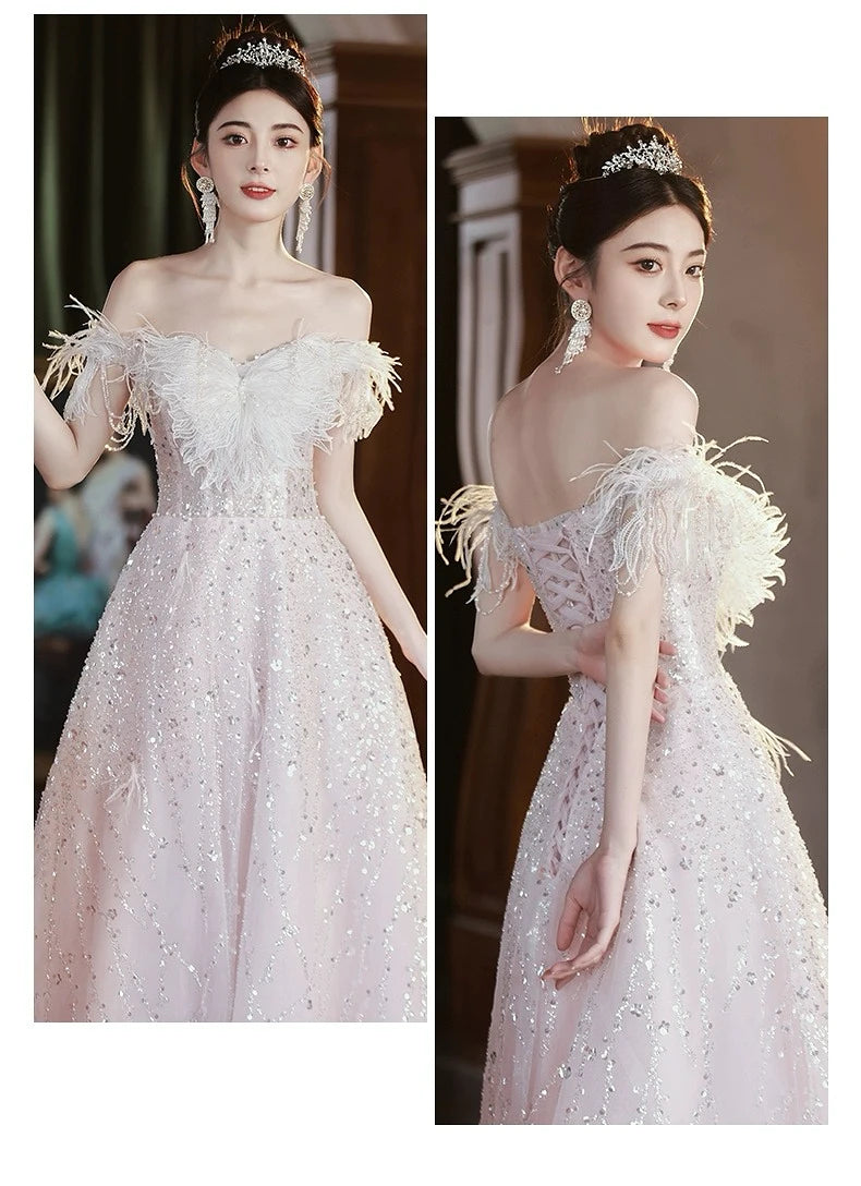 Pink Evening Dresses Off the Shoulder Lace-up Sequins Floor-Length A-line Sleeveless