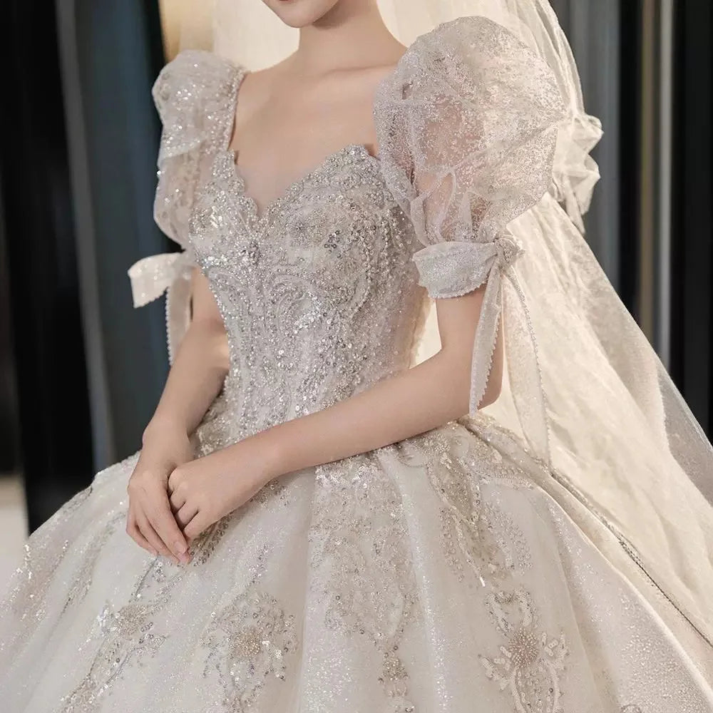 High End Ball Gown Women Sequins Short Sleeves