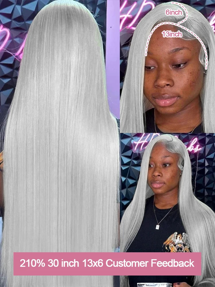 250 Density 13x6 Silver Grey Straight HD 613 Colored Lace Front Wig