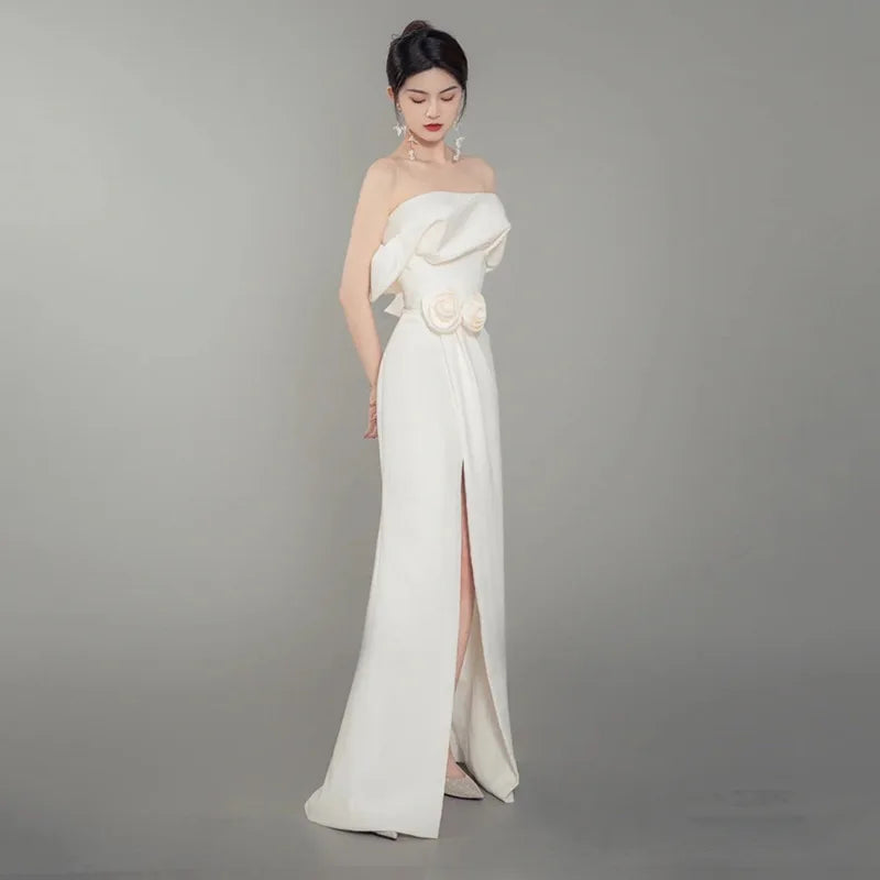 White Satin Wedding Dresses Side Slit Simple Bridal Gowns Formal Occasion
