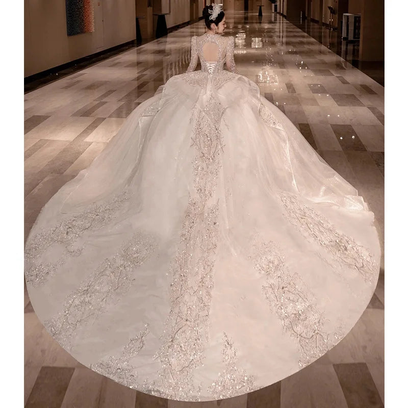 High Neck Long Sleeve Bead Bridal Gown Cathedral Train