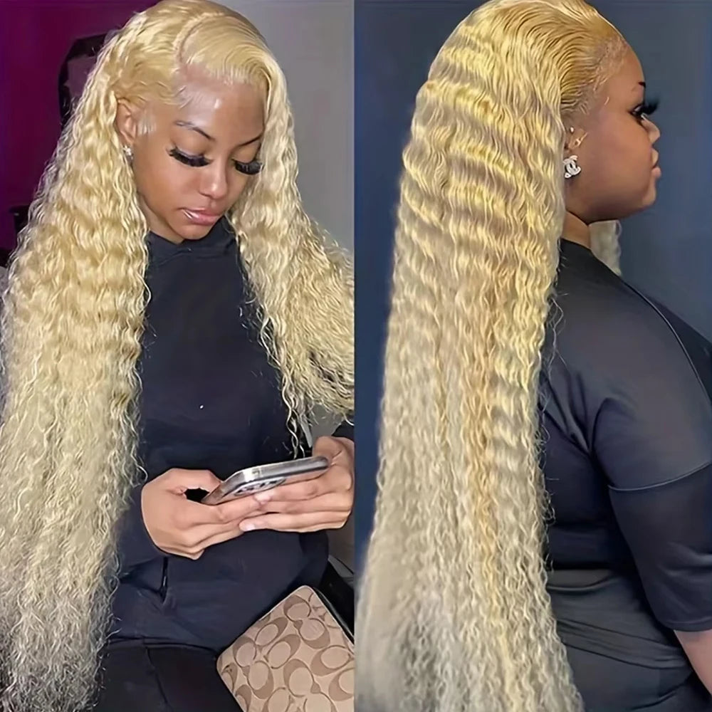220% Curly 613 Honey Blonde 13x6 HD Brazilian Transparent 13x4 Lace Frontal Deep Wave Wig For Women