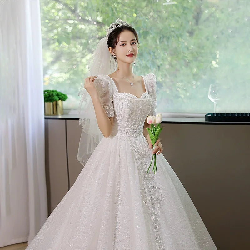 White Women Wedding Dresses Short Sleeves Sequins Pearls Ball Gown