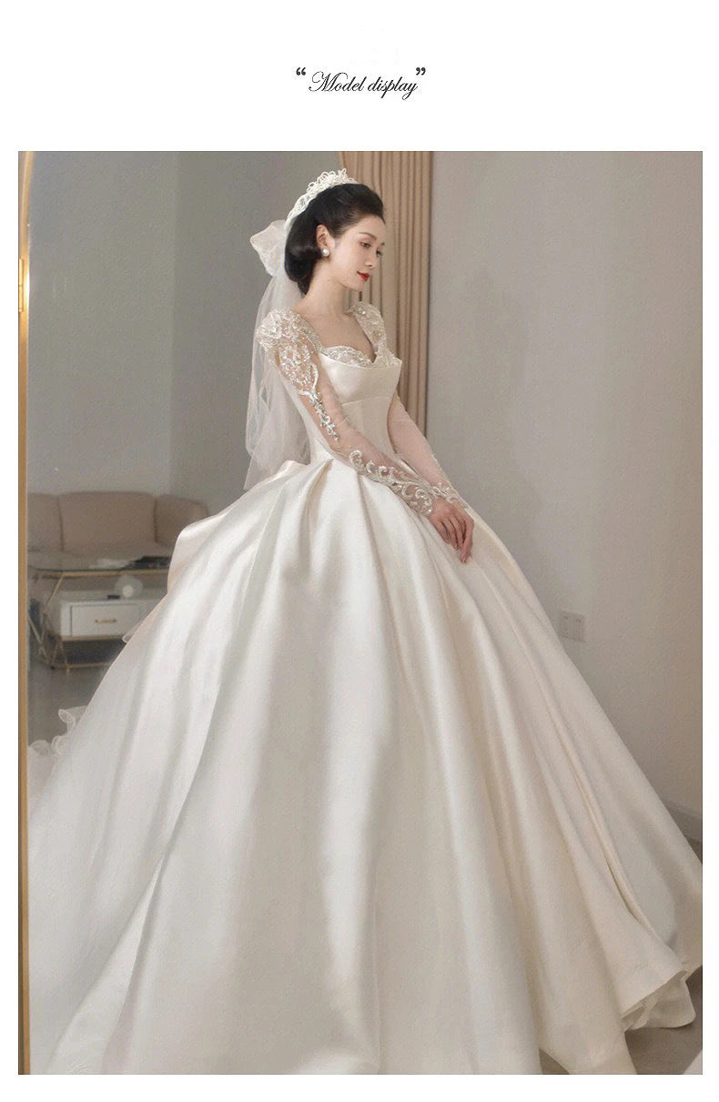 Satin O Neck Applique Sequined Beads Full Sleeve A Line Gowns