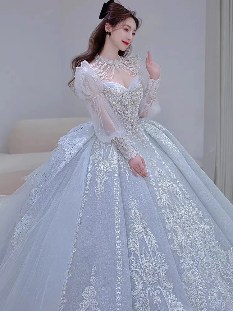 Long Sleeved Exquisite Shiny light blue Wedding Dress Embroidered Lace Elleseal Long Sleeved Exquisite Shiny light blue Wedding Dress Embroidered Lace Elleseal