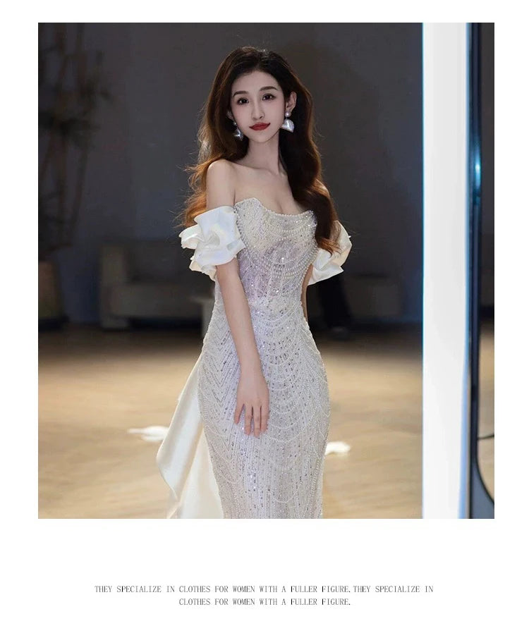 White Shiny Beading Evening Dresses Gorgeous Mermaid Host Light
