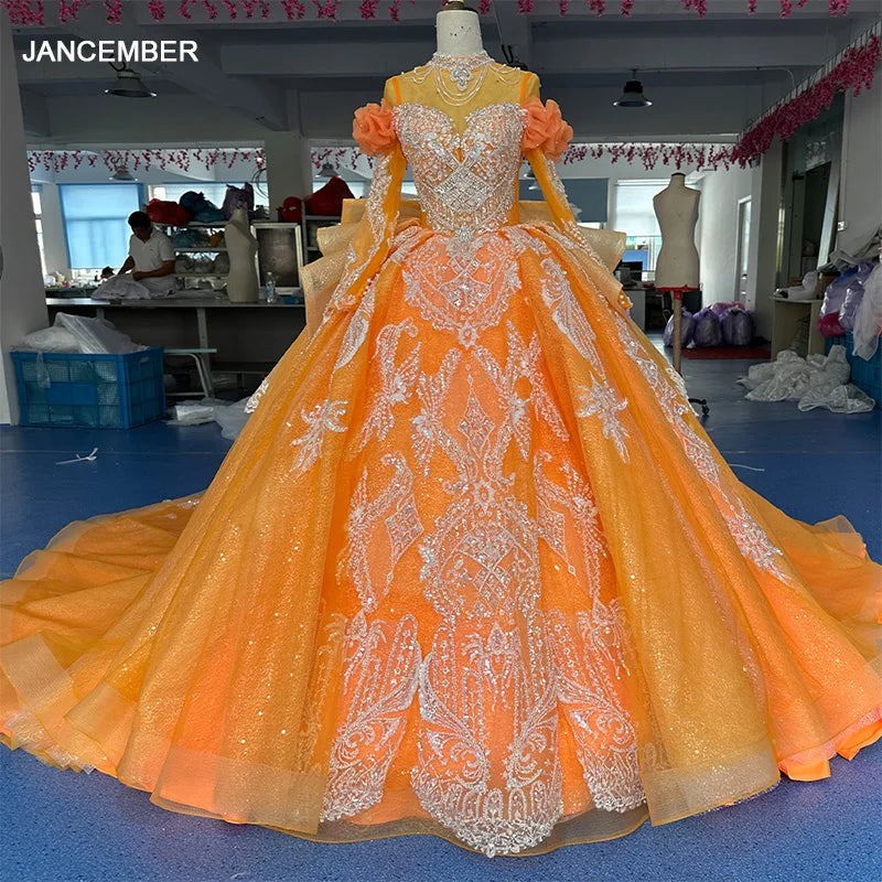 Beading Princess Orange Ball Gown High Neck Full Sleeve Church Wedding Lace Up