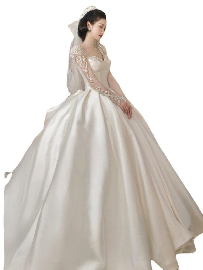 Satin O Neck Applique Sequined Beads Full Sleeve A Line Gowns
