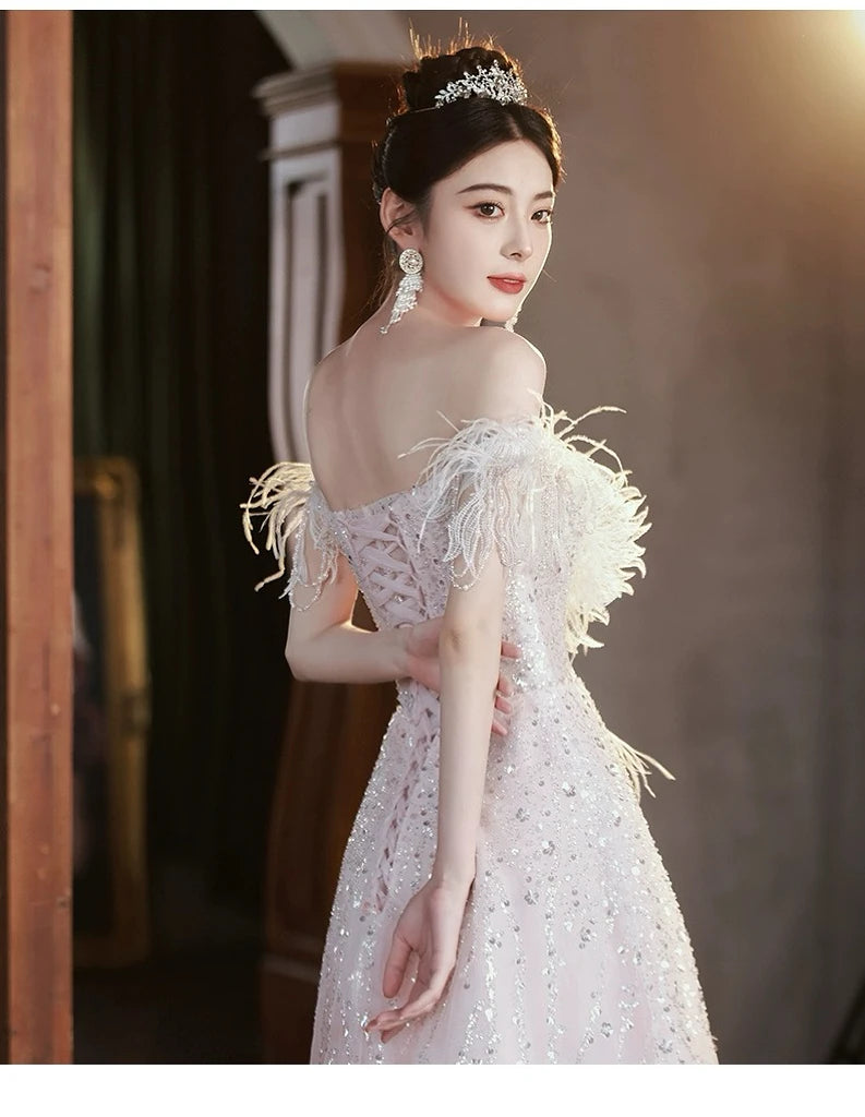 Pink Evening Dresses Off the Shoulder Lace-up Sequins Floor-Length A-line Sleeveless