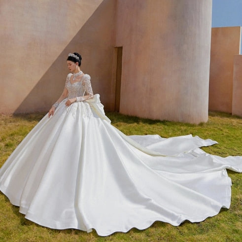 Luxury Bride Dress Pearl Satin Backless Strap With Large Bow Floor-length And Trailing