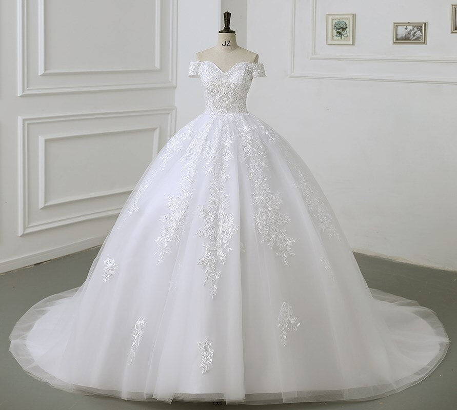Luxury Applique Wedding Dress Off The Shoulder Lace Bridal Gown With Train Ball Gown
