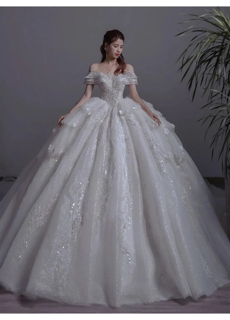 Floral Print Off The Shoulder Lace Luxury Wedding Dress