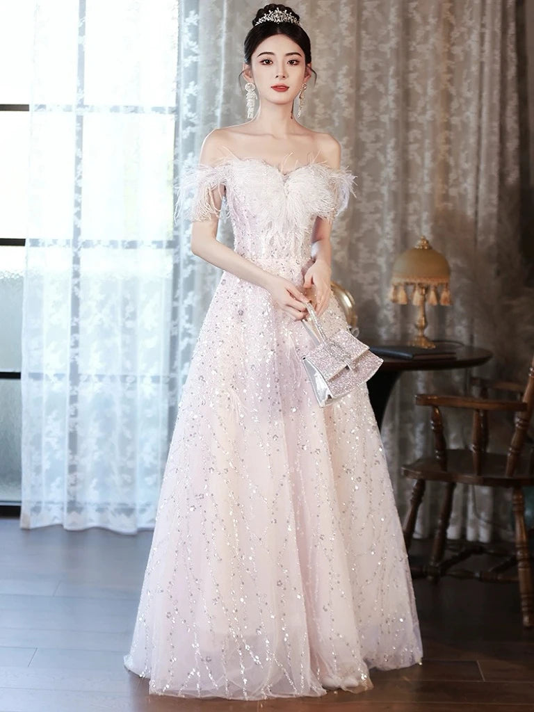 Pink Evening Dresses Off the Shoulder Lace-up Sequins Floor-Length A-line Sleeveless