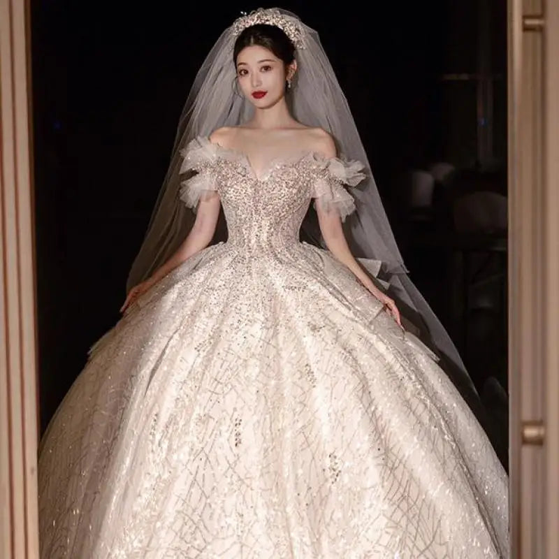 Off The Shoulder Luxury Wedding Dress Lace Embroidery Princess Ball Gown Elegent Sequin Bridal Dress Long Train