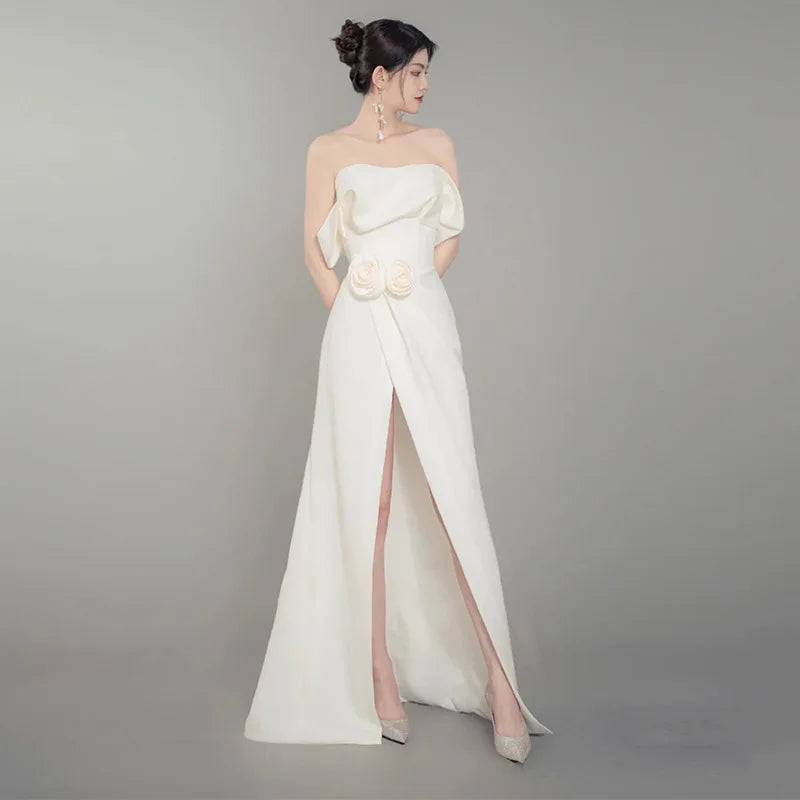 White Satin Wedding Dresses Side Slit Simple Bridal Gowns Formal Occasion