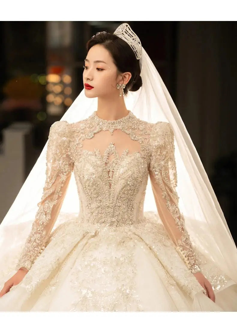 Winter Retro Vintage Wedding Dress For Bridals Long Sleeve Lace Appliques Beading Princess Ball Gown