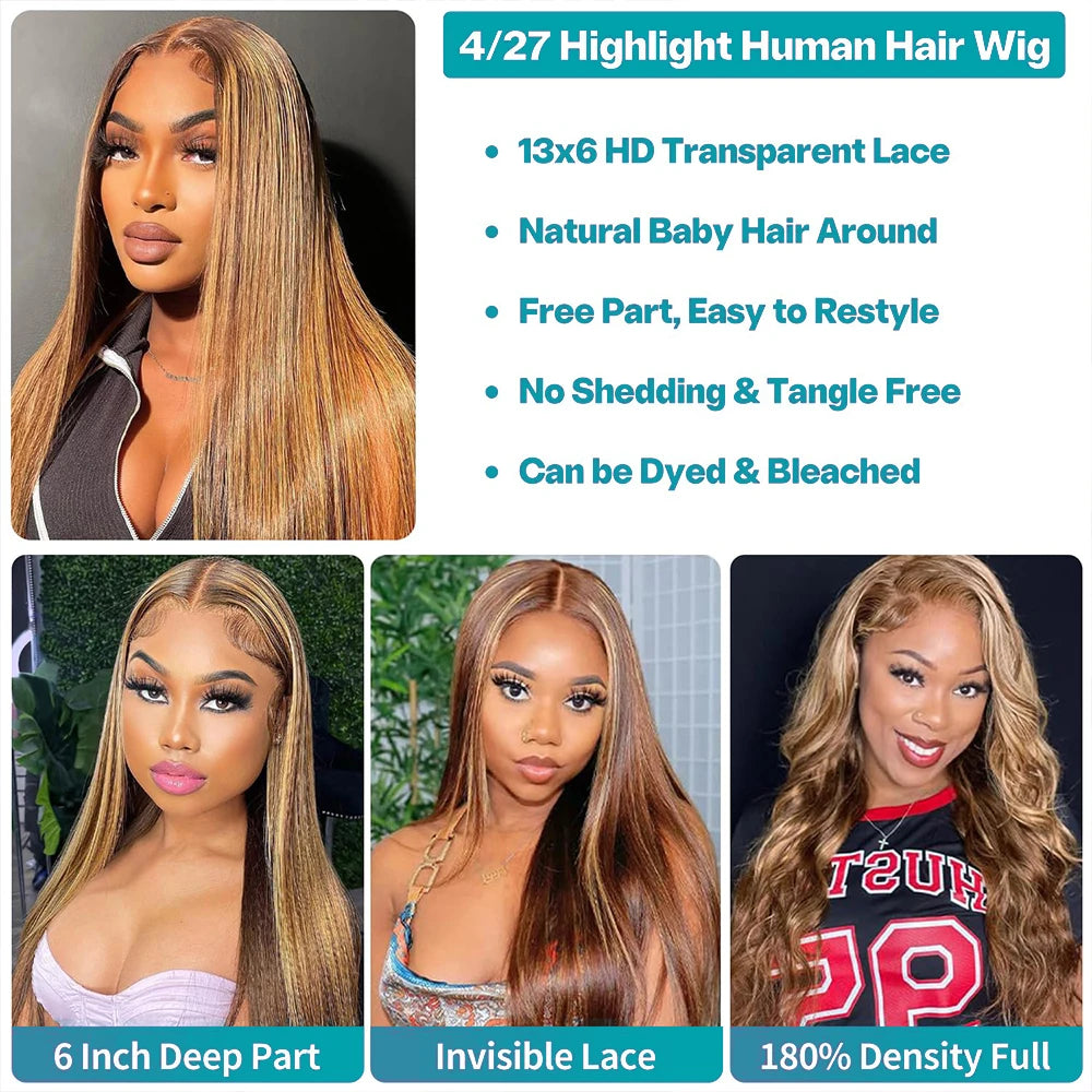 13x6 Highlighted 4/27 Colored Straight Ombre Lace Frontal Wigs Pre Plucked With Baby Hair