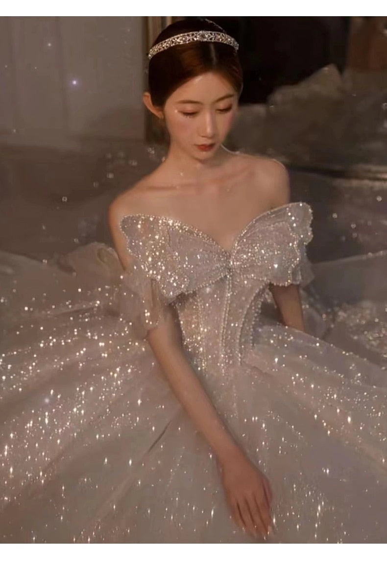 Strapless Wedding Dress Off The Shoulder With Bow Glittery Lace