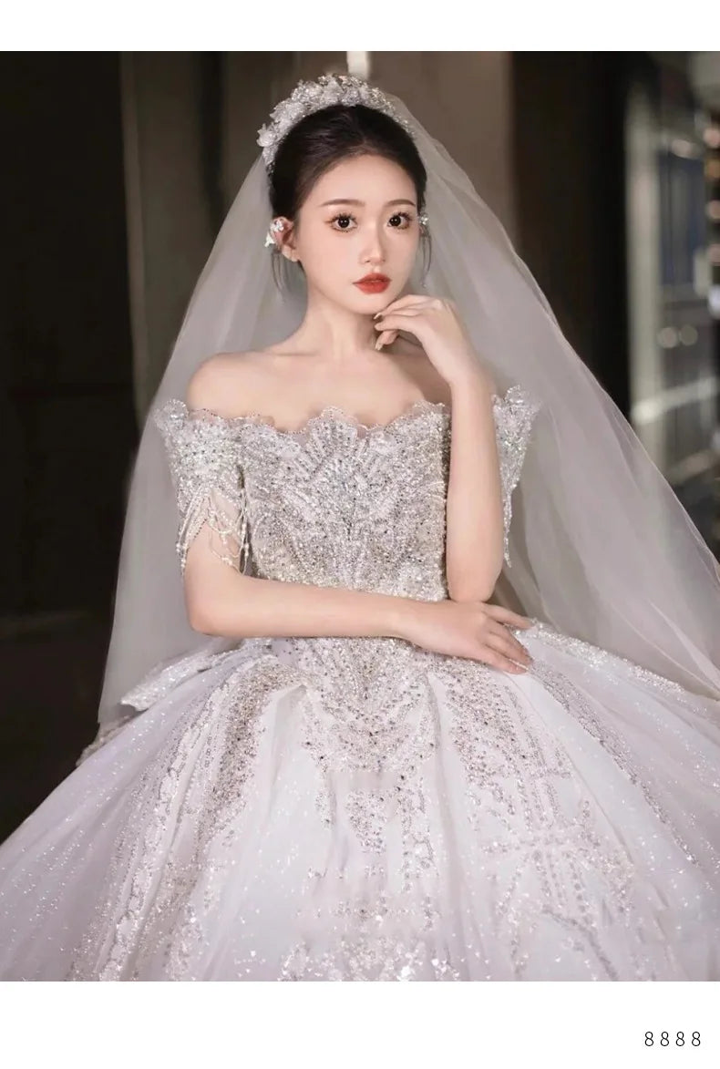 Boat Neck Handmade Beading Exquisite Off The Shoulder Princess Ball Gowns