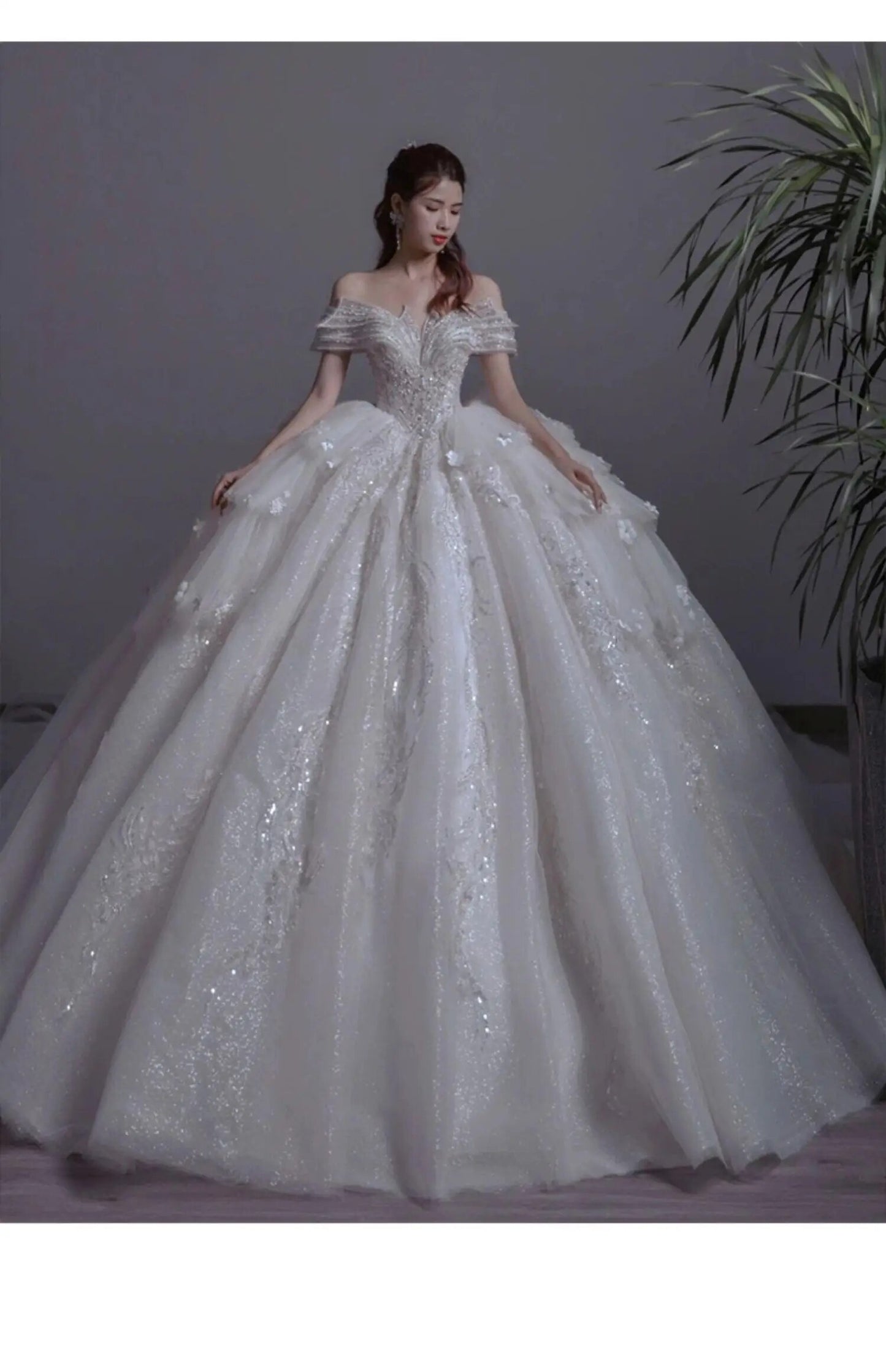 Floral Print Off The Shoulder Lace Luxury Wedding Dress