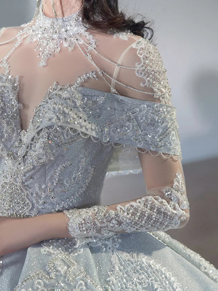 Off The Shoulder Shiny Embroidered Lace V Neck Vintage Bridal Ball Gown Dress