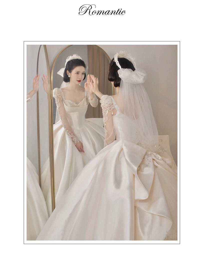 Satin O Neck Applique Sequined Beads Full Sleeve A Line Gowns